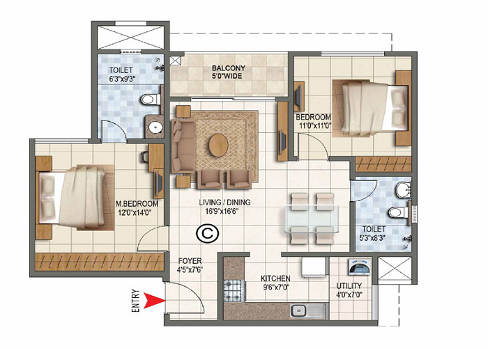 Prestige Glenbrook 2 BHK Floor Plan